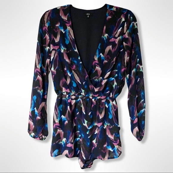 LUCCA COUTURE • Purple & Blue Watercolor Long Sleeve Romper - Picture 1 of 11